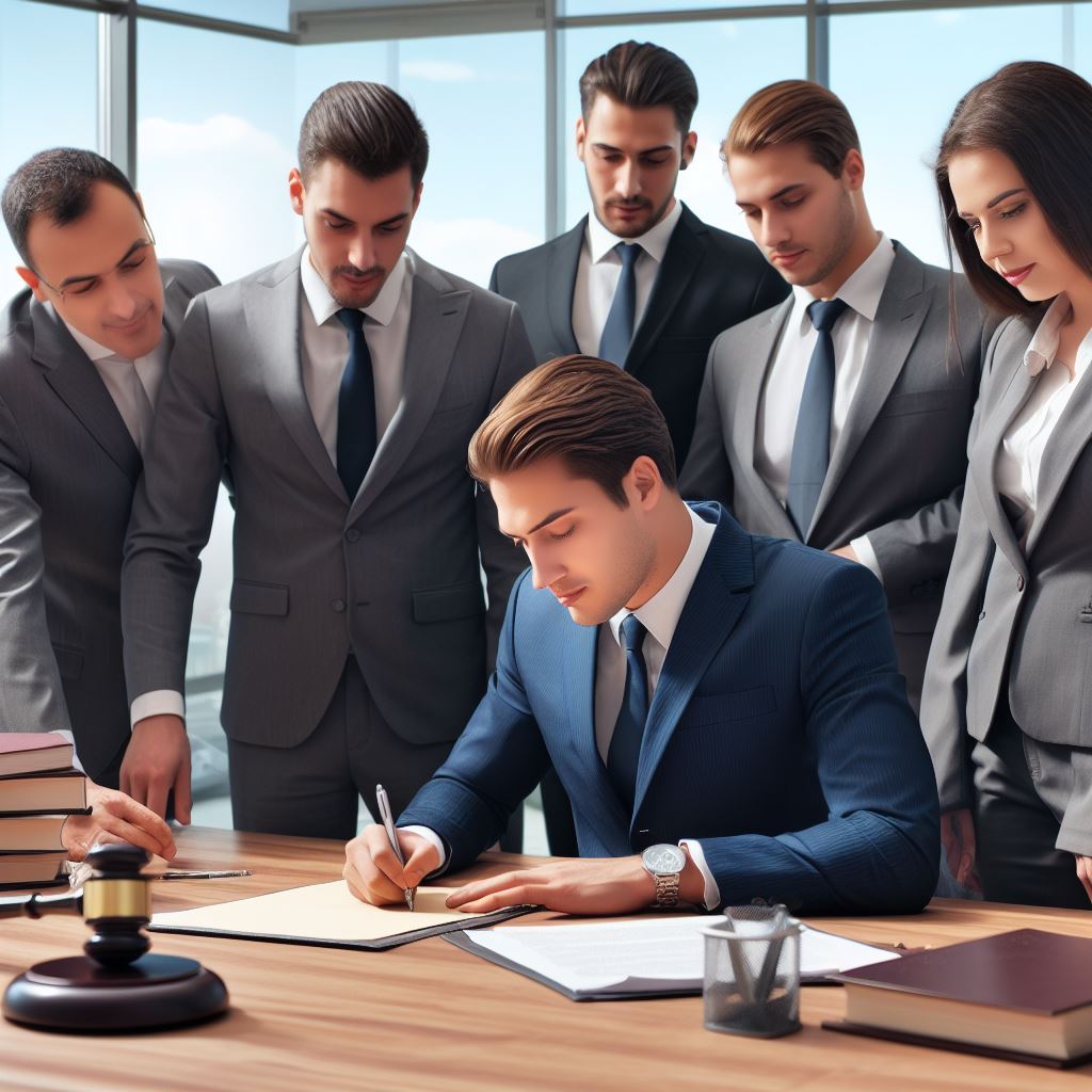 barbat care semneaza un act,
                     oameni care se uita la cel care semneaza